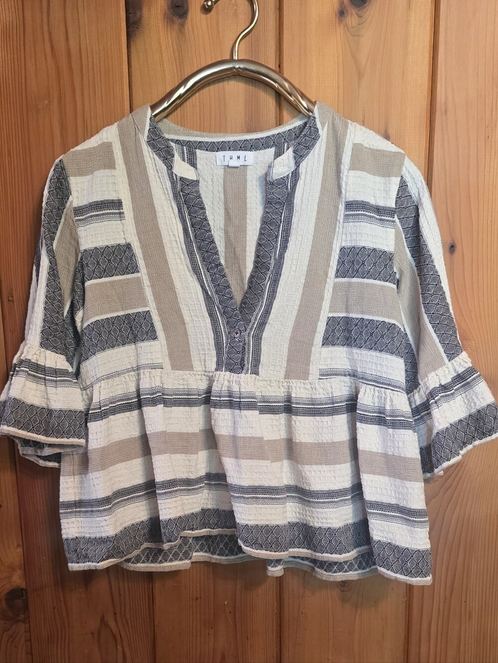 Boho Stripe Peasant Top in Cream and Tan